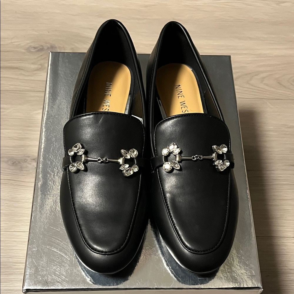 Nine West Black Leather Loafers with Silver Accents